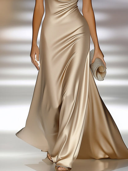 Elegant and Luxurious Cowl-neck Champagne Gold Satin Maxi Dress