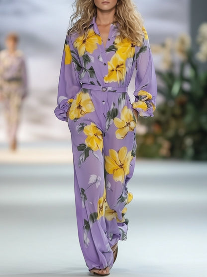 Casual and Loose Purple Chiffon Yellow Print Long-sleeved Shirt Jumpsuit