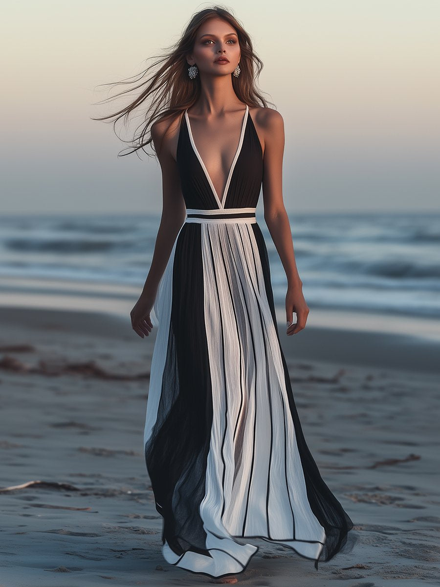 Casual and Fashionable Striped Black Chiffon V-neck Sleeveless Maxi Dress