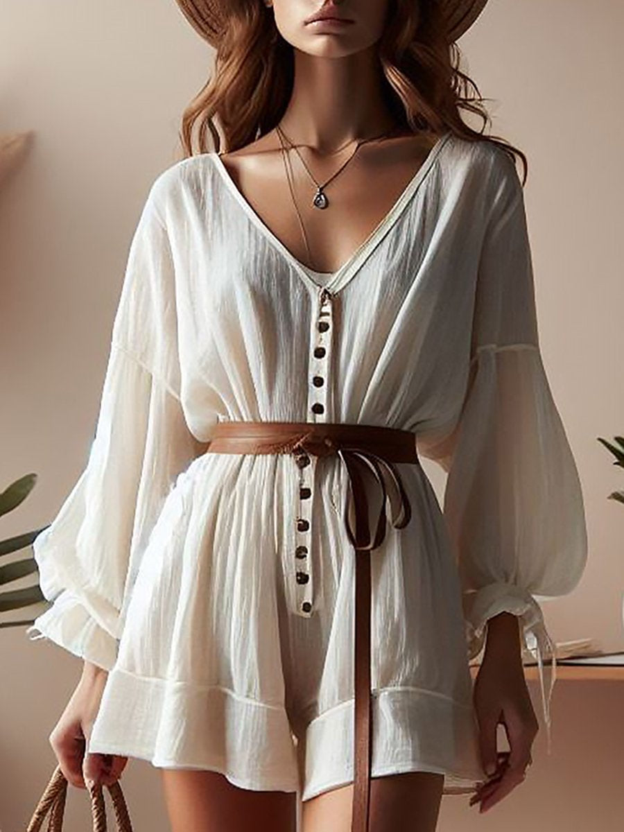 Retro And Fashionable Bohemian Style V-Neck Shorts Jumpsuit