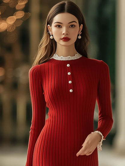 Fashion Retro Red Wool Lace Stitching Long-Sleeved Midi Dress