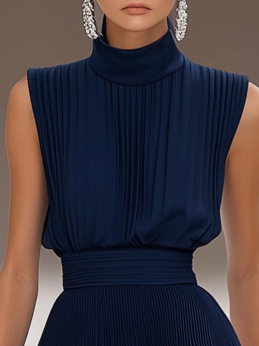 Elegant Half Turtleneck Sleeveless Pleated Navy Blue Midi Dress