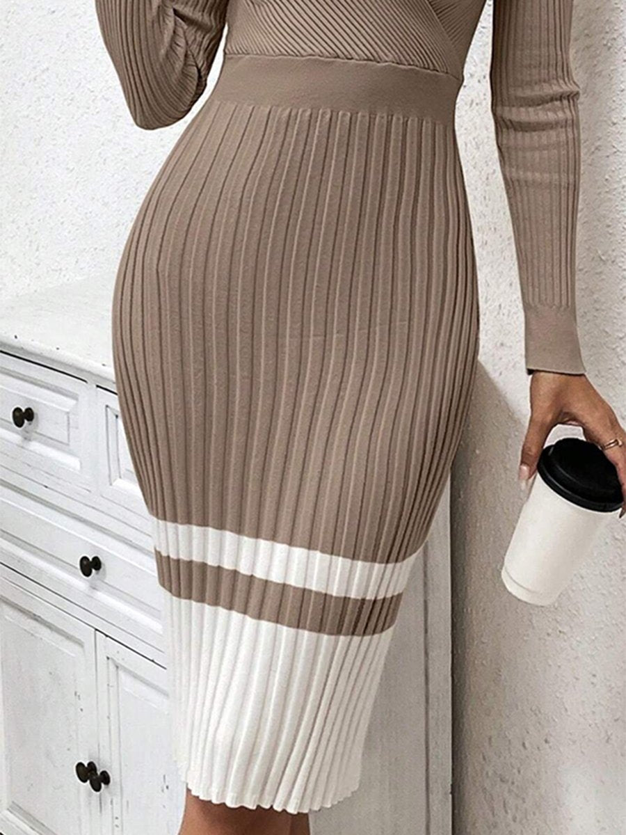 Retro And Fashionable Loose V-Neck Color Matching Oatmeal Color Knitted Mini Dress