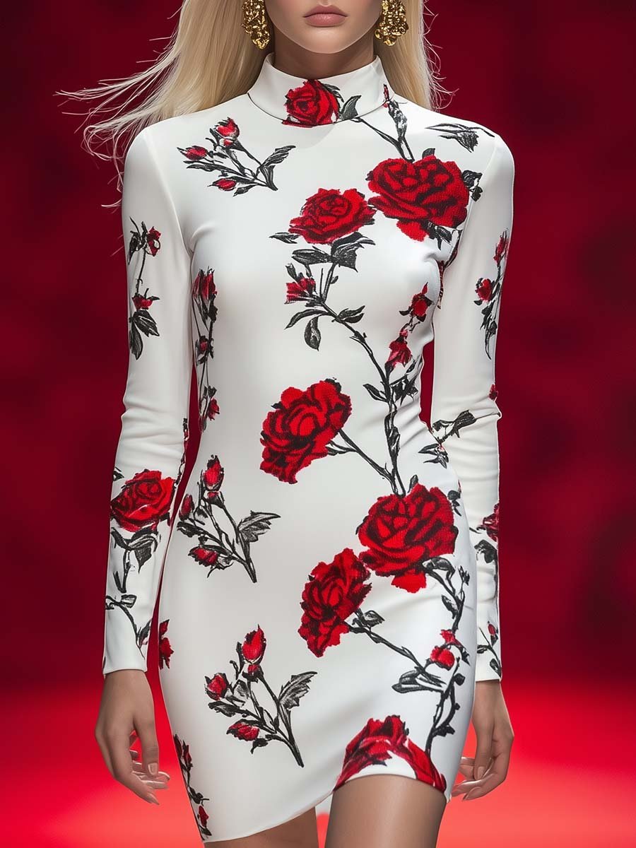 Elegant and Romantic Half-high Collar Rose Print Mini Dress