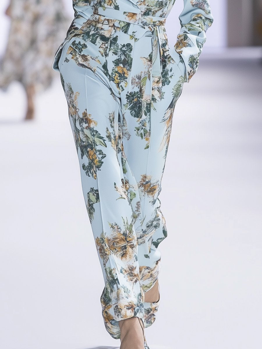 Fashionable Casual Retro Floral Print Lapel Long Sleeve Jumpsuit