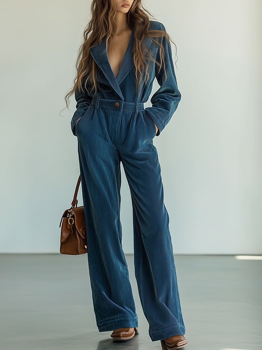 Casual Loose Retro Solid Color Corduroy Lapel Long Sleeve Pocket Jumpsuit