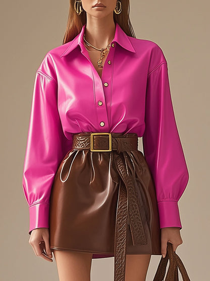 Casual Loose Fashion Hot Pink Shirt Brown Skirt Lace-up Leather Set