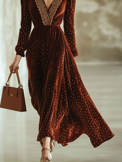 Fashion Retro V-neck Lace Splicing Long Sleeve Maxi Dress