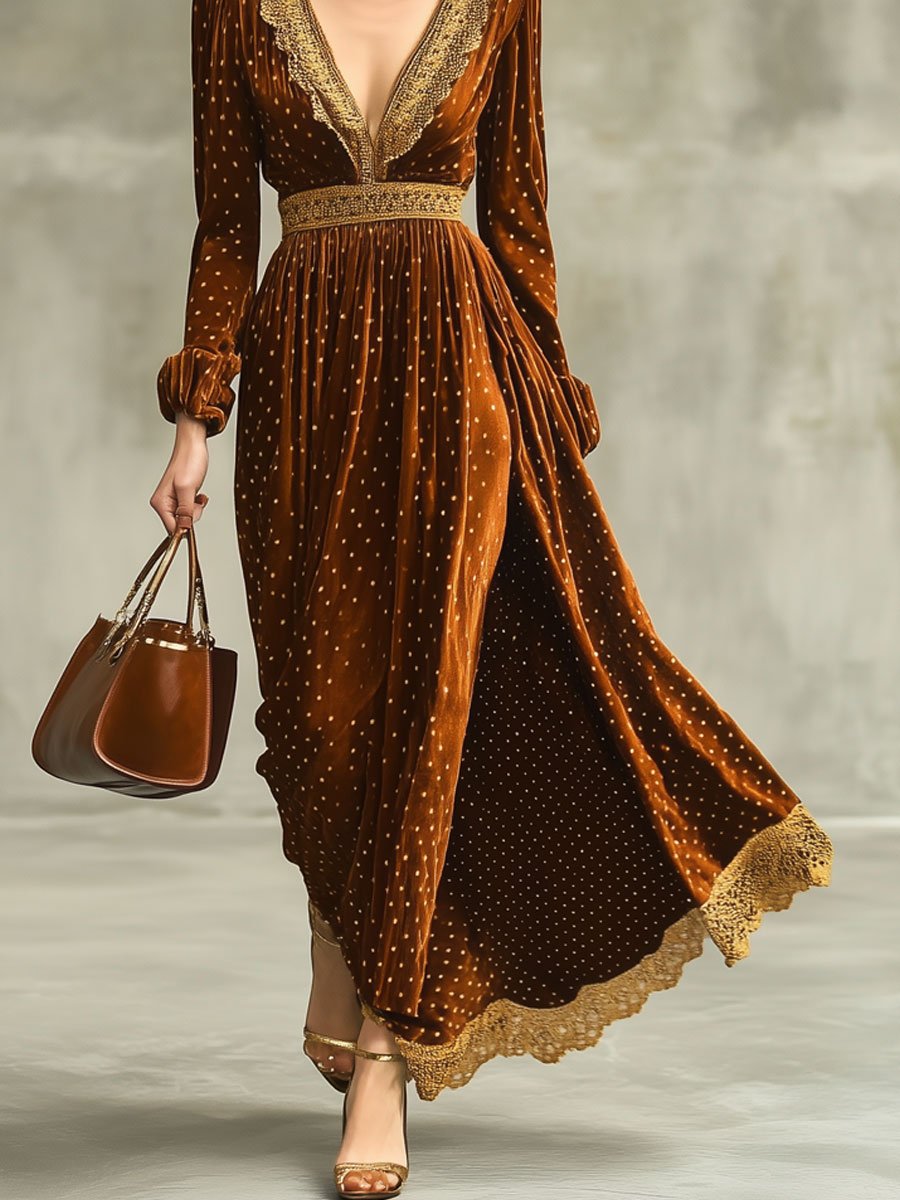 Fashion Retro Velvet Polka Dot Print V-Neck Lace Long Sleeve Maxi Dress