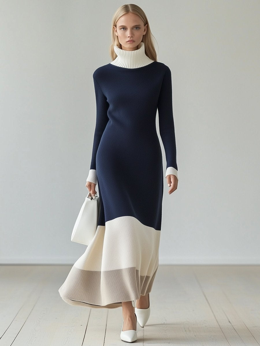 Retro French Elegant Fashion High Neck Colorblock Long Sleeve Maxi Dress