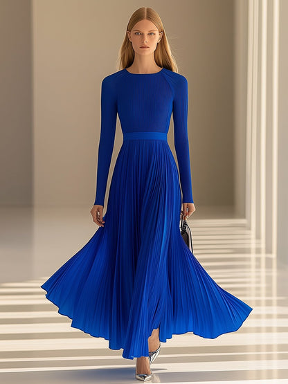 Elegant and Fashionable Round-neck Blue Pleated Long-sleeved Maxi Dress