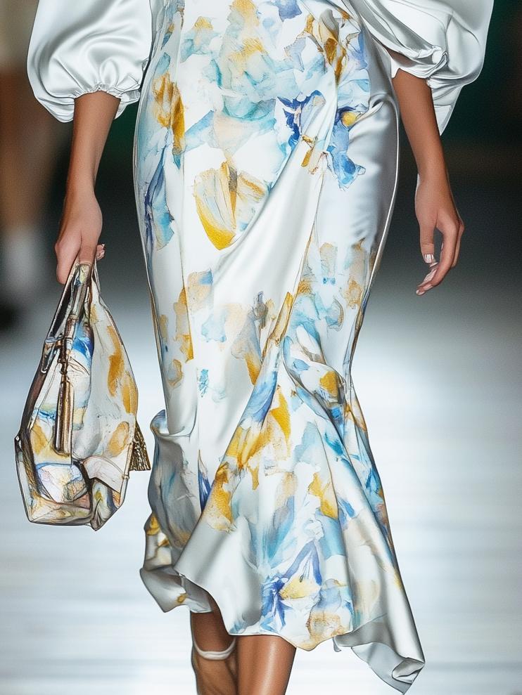 High-End Satin Printed Long-Sleeved Maxi Dress