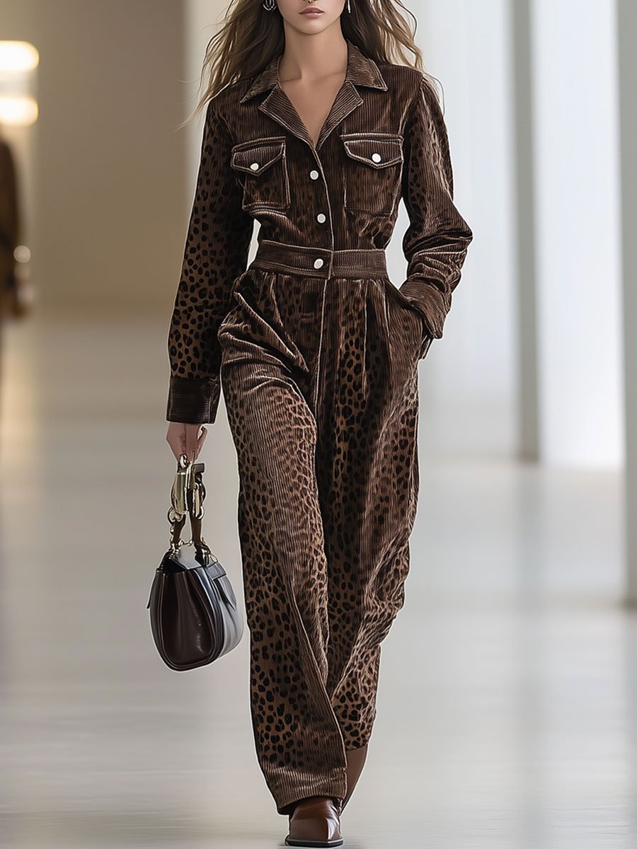 Casual Loose Retro Corduroy Leopard Print Multi-Pocket Long Sleeve Jumpsuit