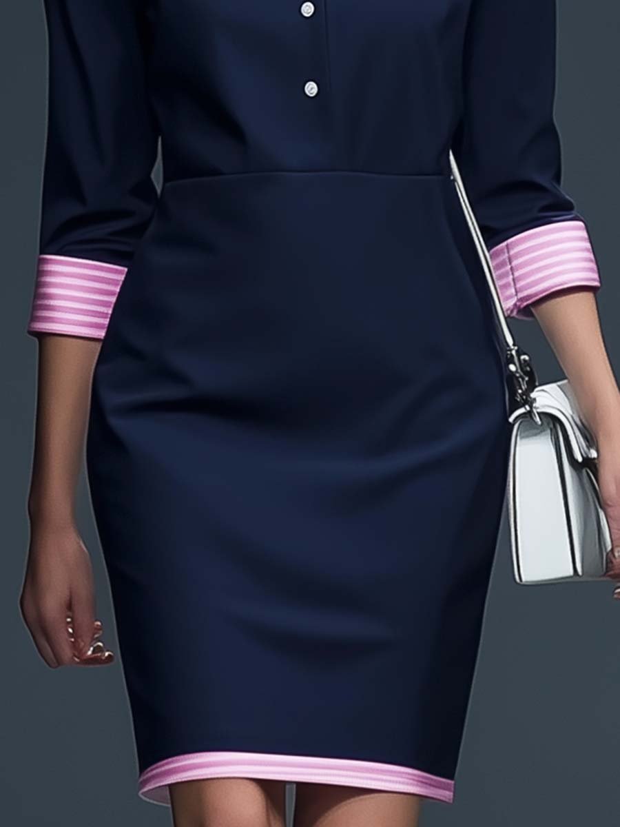 Elegant Commuter Pink Striped Shirt Collar Contrast Navy Blue Mini Dress