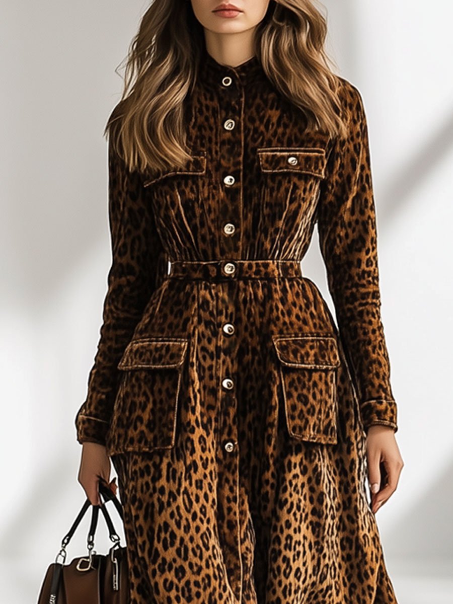 Casual Loose Vintage Velvet Leopard Print Pocket Trench Coat Maxi Dress