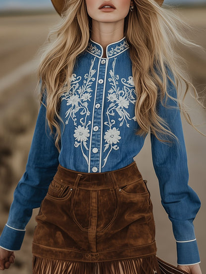 Retro Elegant Ethnic Embroidery Blue Shirt