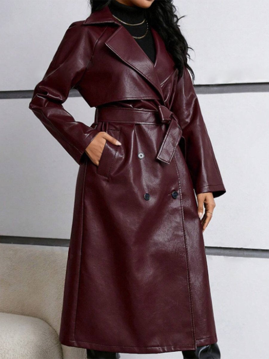 High-End Loose Fashionable Elegant Lapel Belt Long Leather Trench Coat