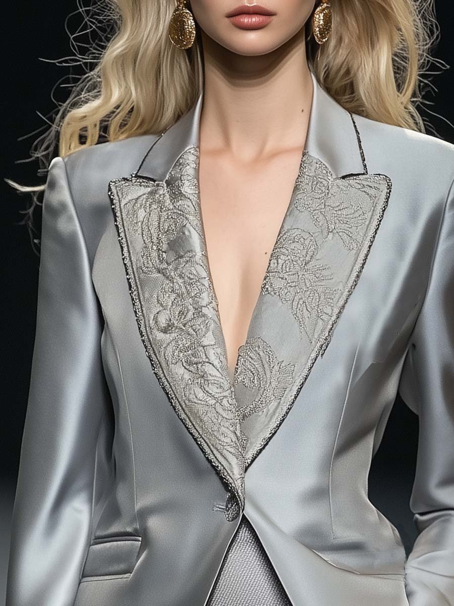 Retro Elegant Collar Lace Stitching Gray Satin Suit Blazer