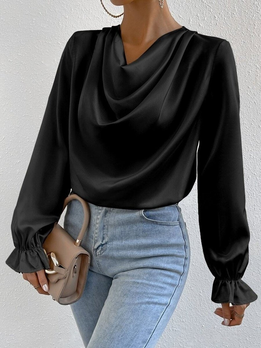 Elegant Ruffled Long Sleeve Satin Shirt