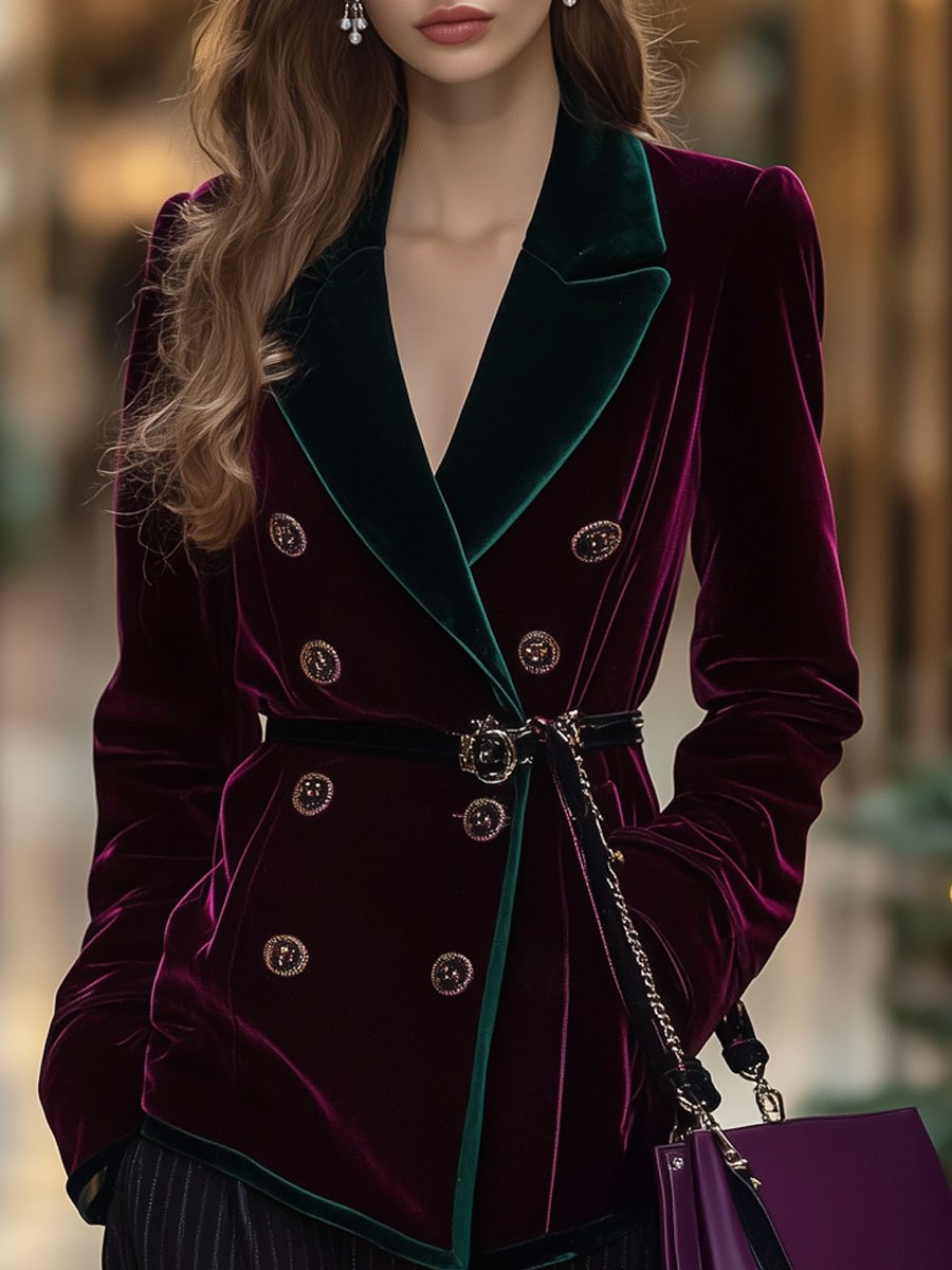 Casual Loose Retro Velvet Burgundy And Green Stitching Double-Breasted Blazer