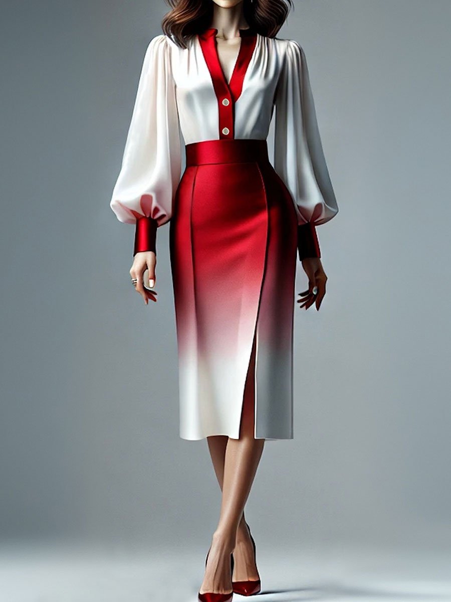 Fashionable Commuter Satin Red And White Gradient Long-Sleeved Shirt And Skirt Set