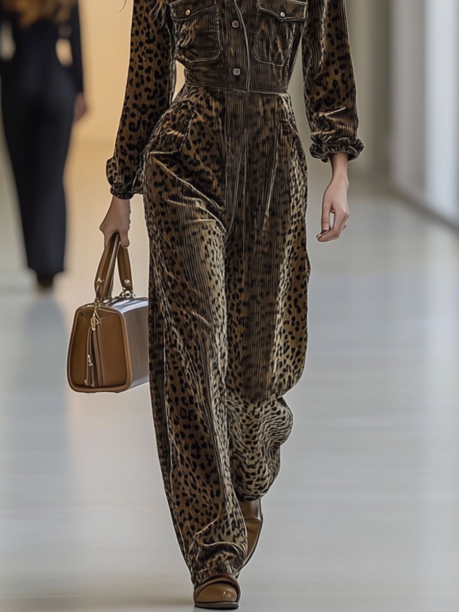 Casual Loose Retro Corduroy Leopard Print Multi-Pocket Long Sleeve Jumpsuit