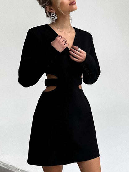 French Fashion V-neck Hollow Black Waist Mini Dress