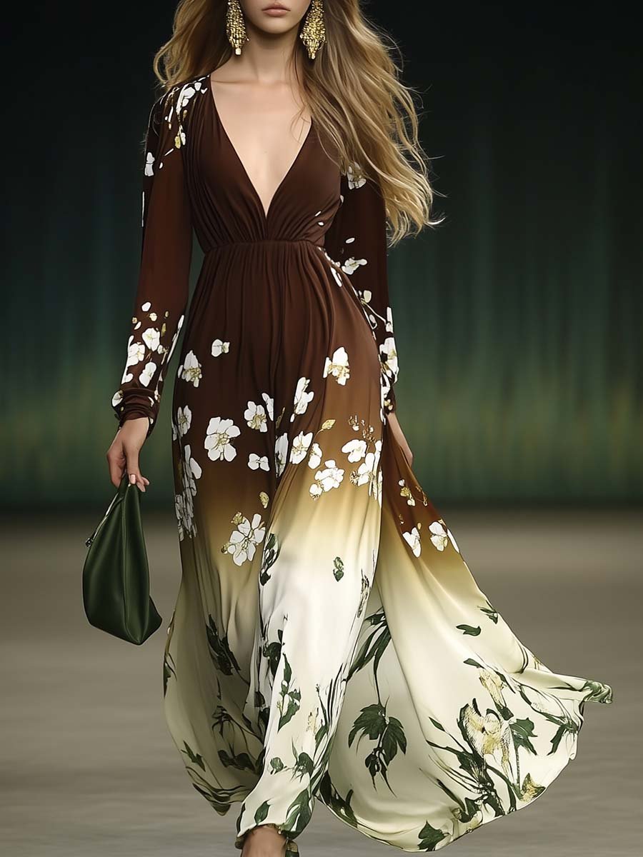 Elegant and Flowing V-neck Gradient Floral Print Maxi Dress