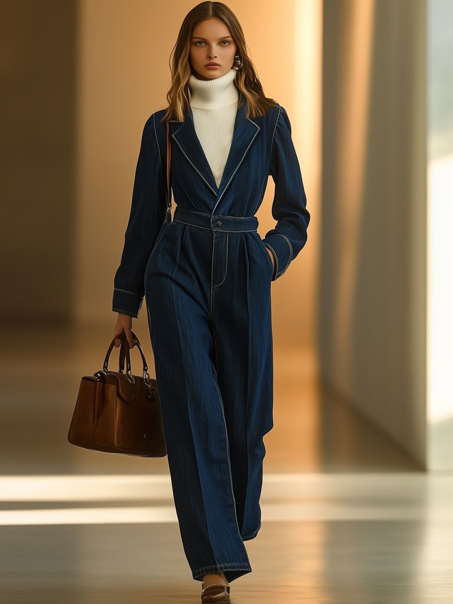 Casual Retro Lapel Pocket Denim Long Sleeve Straight Jumpsuit