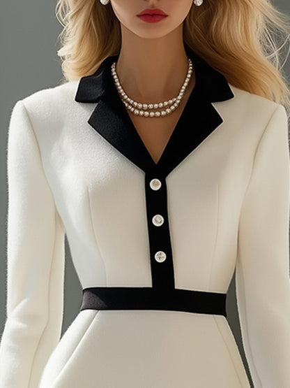 Elegant Fashionable And High-End Black Lapel White Woolen Midi Dress