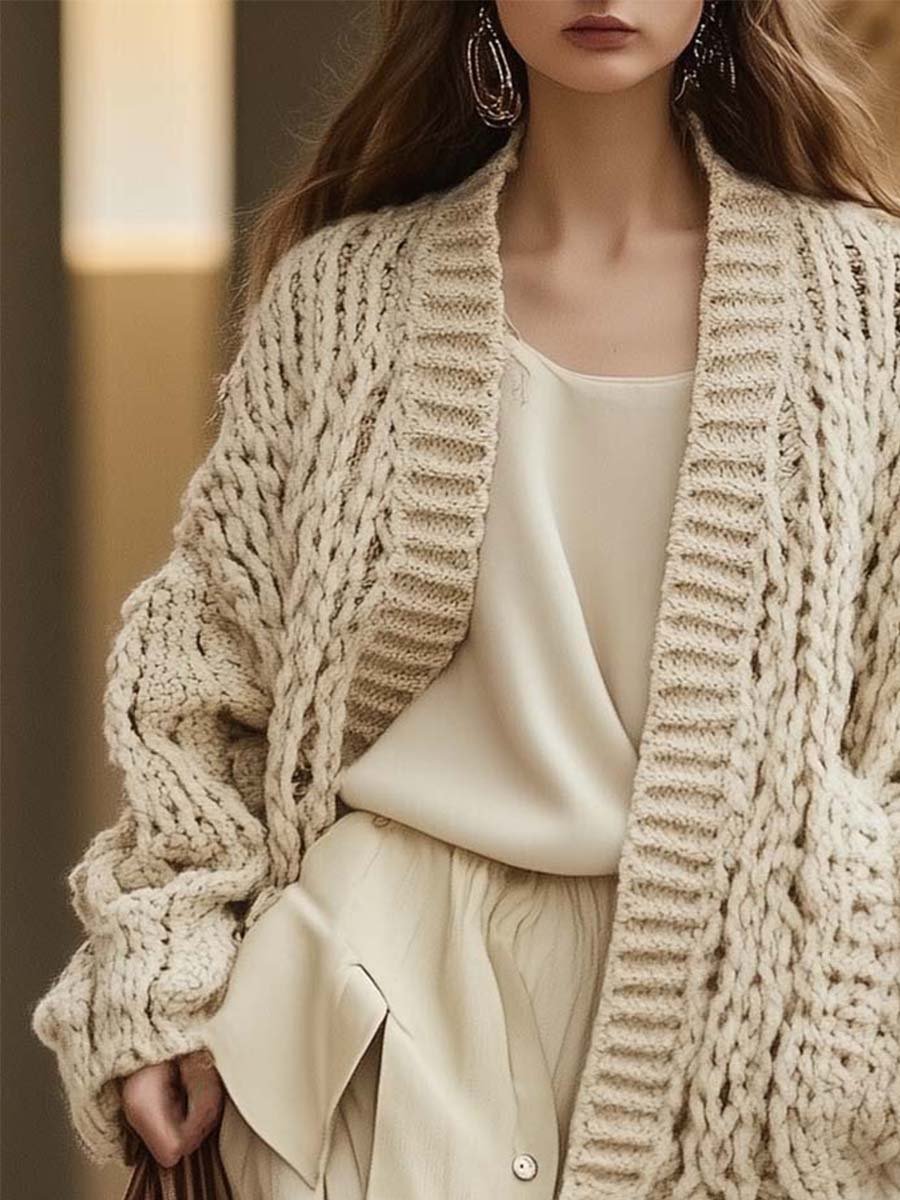 Fashion Retro Open Collar Pocket Short Knit Cardigan