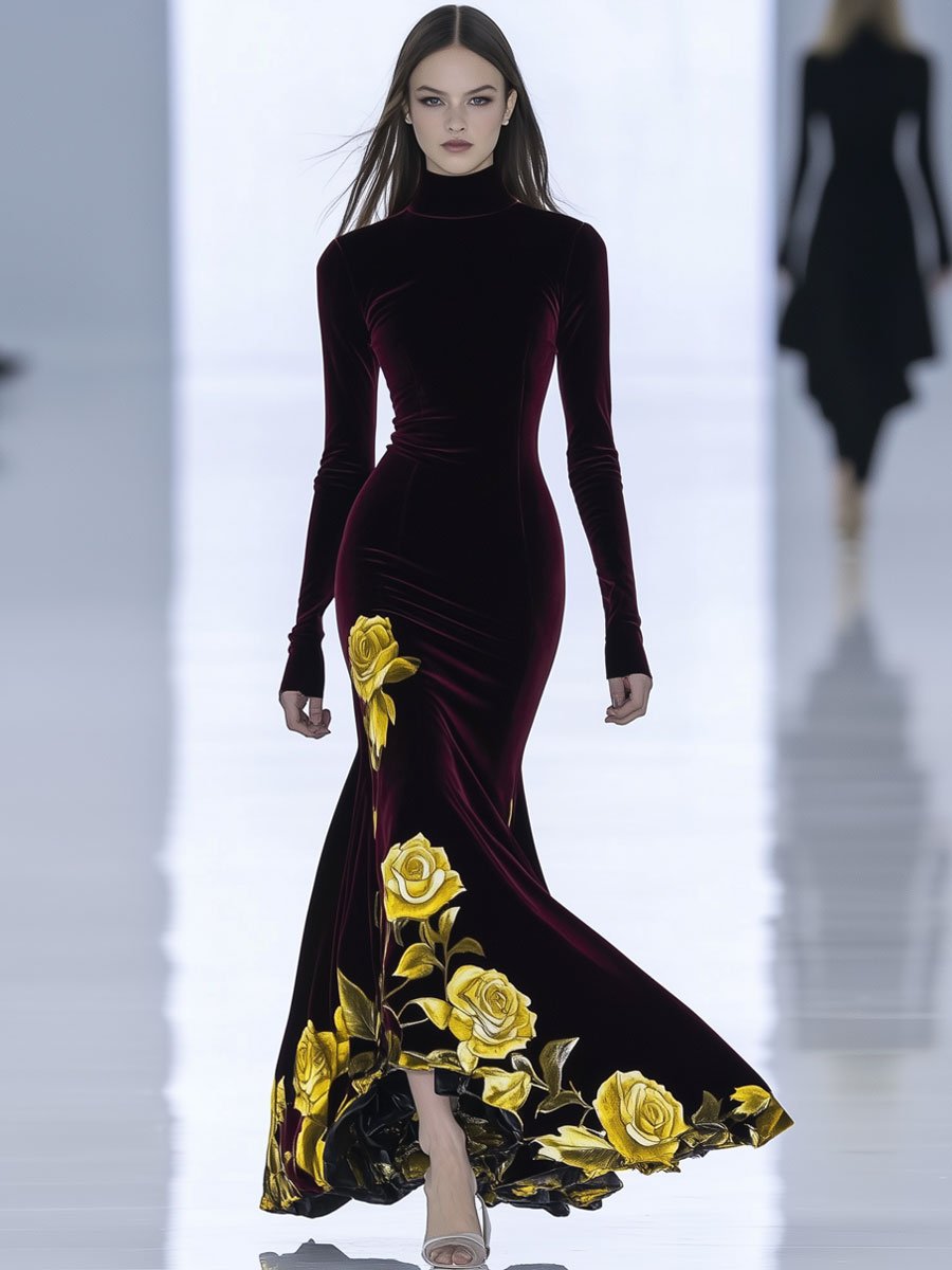 Fashion Retro Turtleneck Long Sleeve Velvet Yellow Rose Printed Maxi Dress