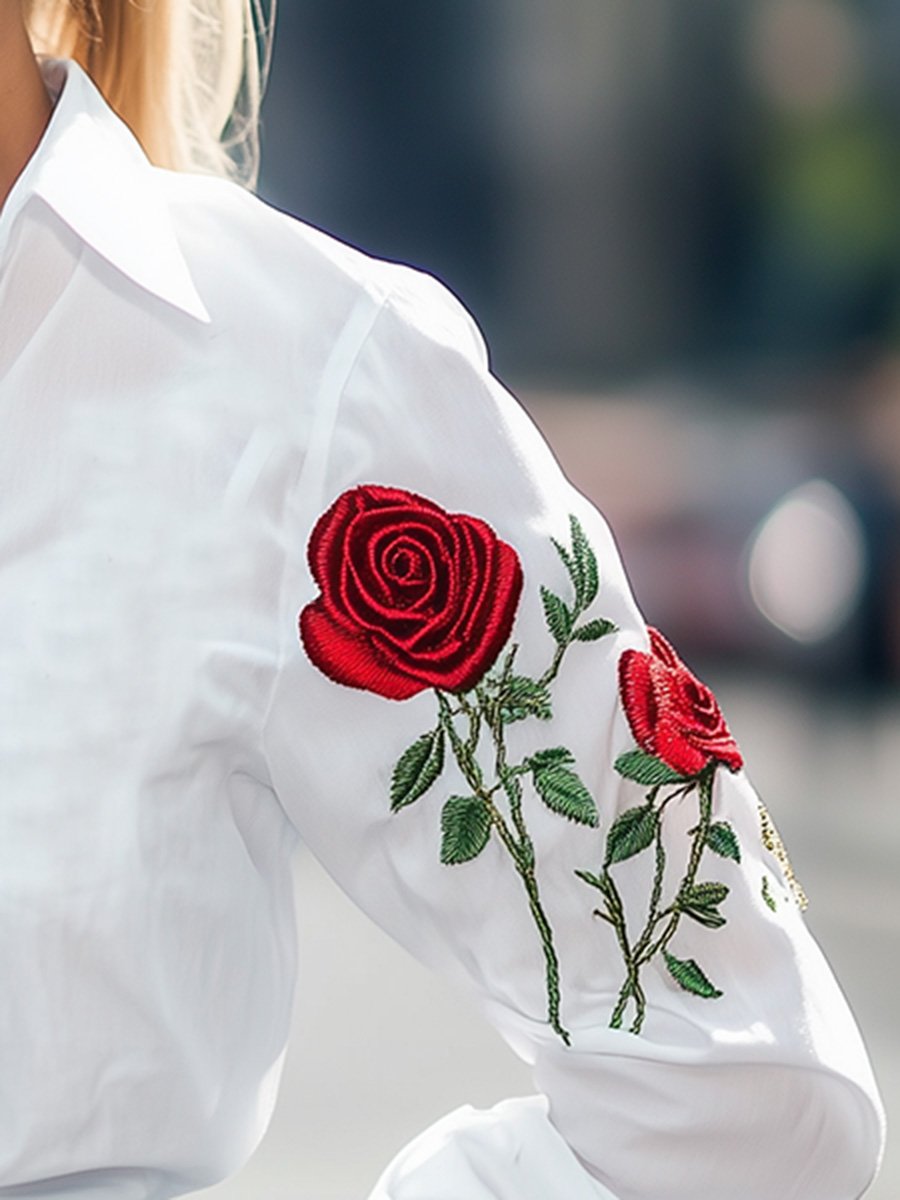 Personal and Capable Rose Embroidered Lapel Long-sleeved Shirt