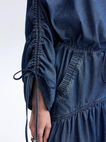 Casual Loose Fashion One Shoulder Drawstring Denim Midi Dress