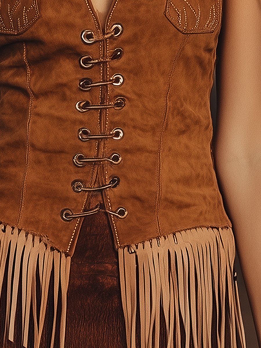 Retro Western Cowboy Style Tassel Tie Brown Suede Vest