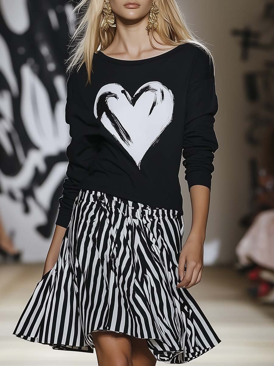 Casual Fashion Round Neck Low Waist Heart Stripe Midi Dress