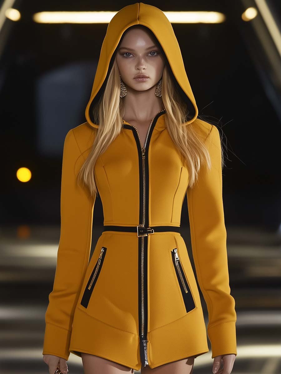 Fashionable Hooded Collar Zipper Coat Style Yellow Mini Dress