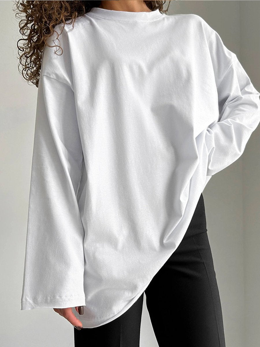 Casual Loose Cotton Long-Sleeved Round Neck T-Shirt