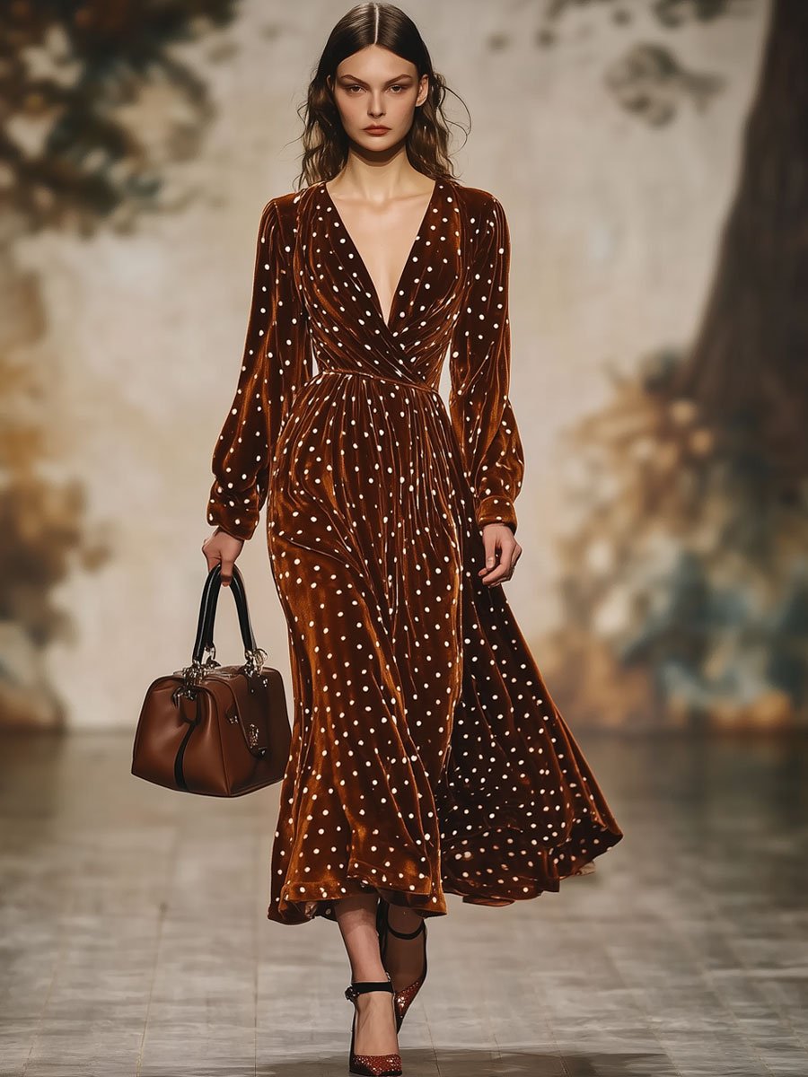 Loose Retro Velvet Polka Dot V-Neck Long Sleeve Midi Dress