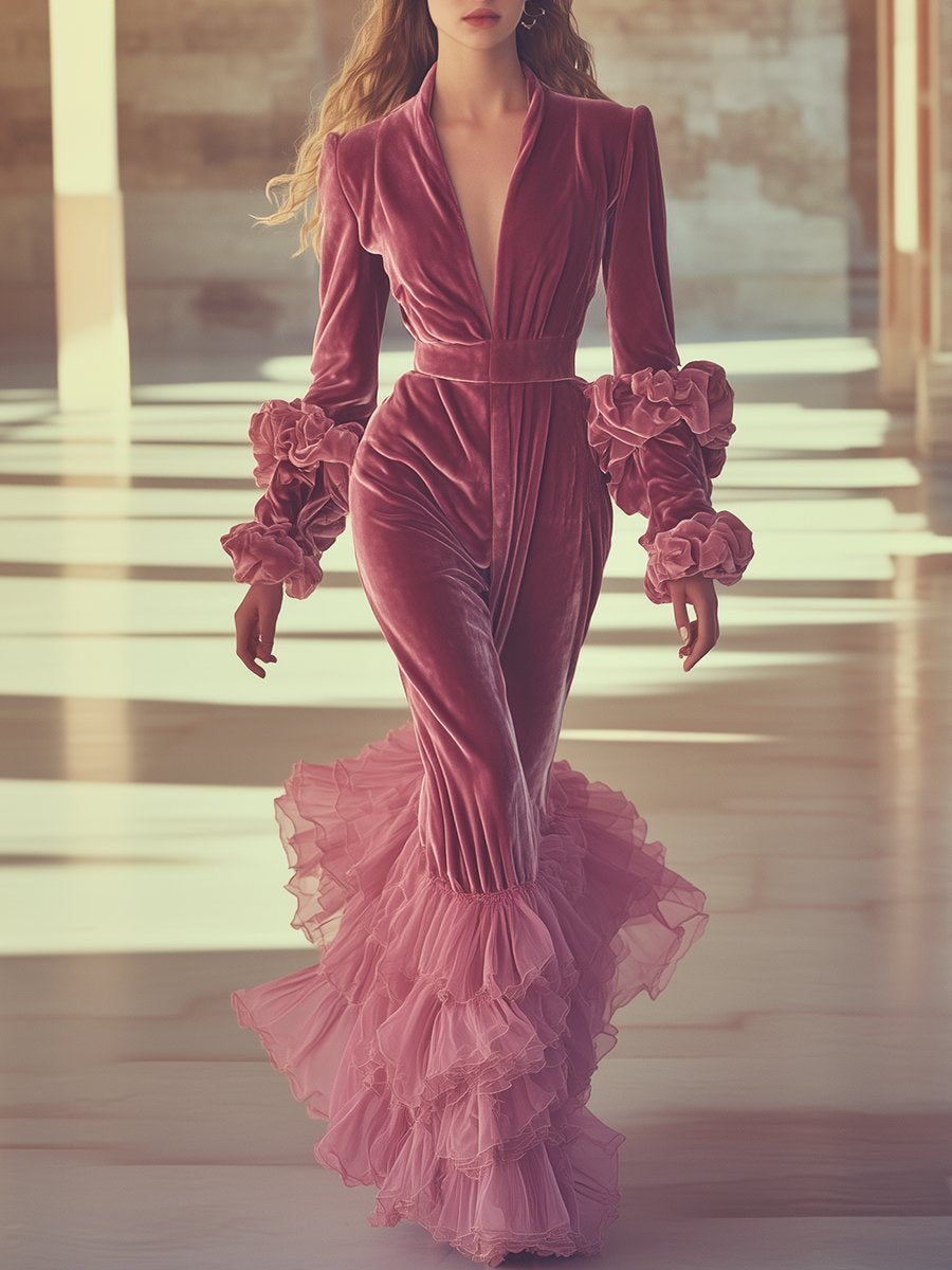 Elegant and Charming V-neck Pink Velvet and Tulle Puff Sleeve Maxi Dress