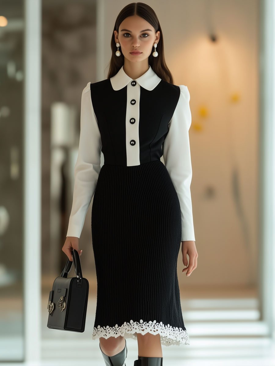 Fashionable Black And White Knitted Patchwork Long-Sleeved Mini Dress