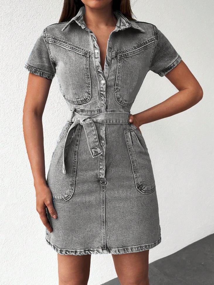 Fashion Lapel Grey Denim Short Sleeve Mini Dress