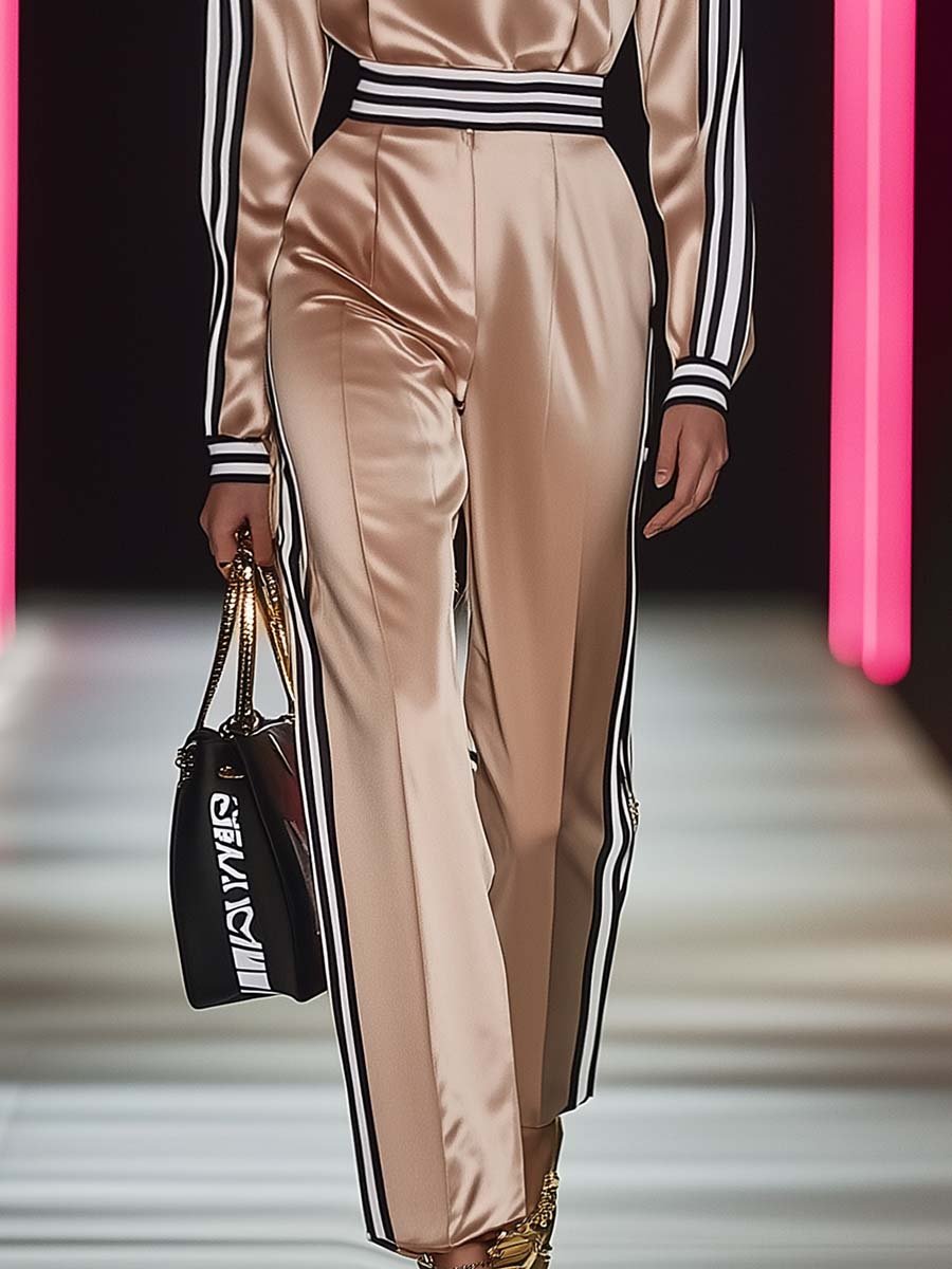 Fashionable Sporty High Collar Black and White Striped Beige Jumpsuit