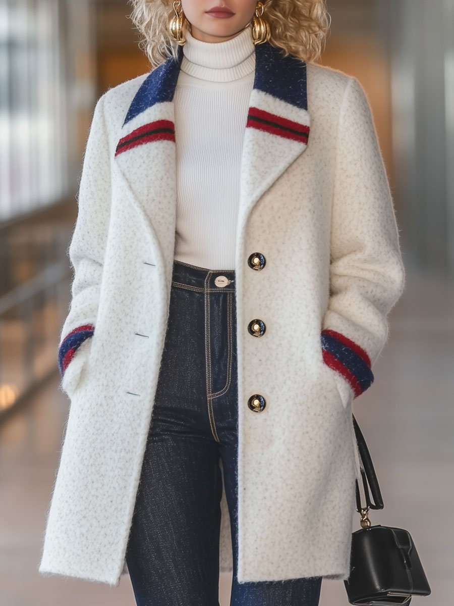 Casual Loose Retro Red And Blue Striped Woolen Single-Breasted Coat