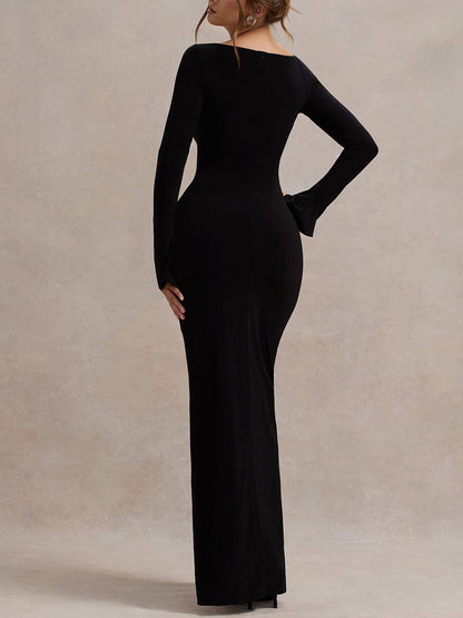 Fashion Party Slit Cotton Blend Long Sleeve Maxi Dress