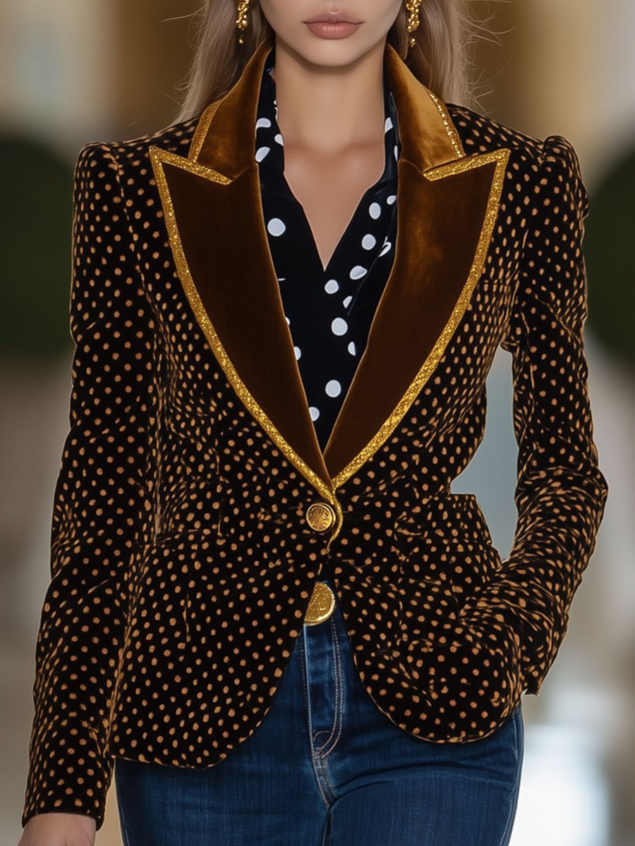 Casual Loose Retro Velvet Polka Dot Gold Edge Lapel Blazer