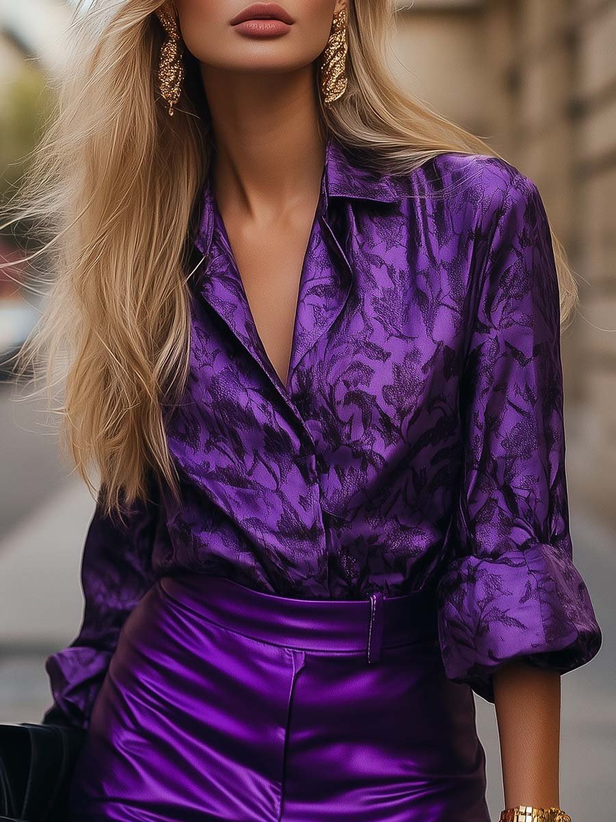 Mysterious Elegant Purple Satin Dark Pattern Shirt