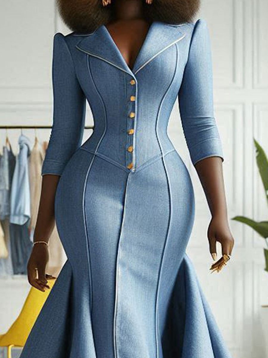 Fashion Retro Blue Denim Fishtail Long Skirt Mid Sleeves Midi Dress