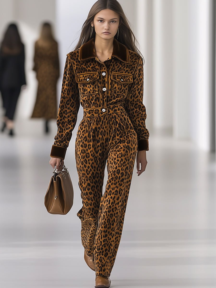 Casual Loose Retro Velvet Leopard Print Patchwork Long-Sleeved Jumpsuit