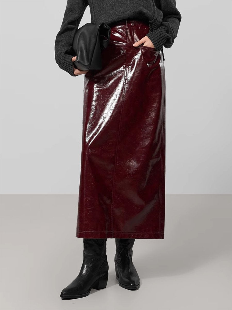 High-End Fashion Temperament Exquisite Shiny Long Leather Skirt